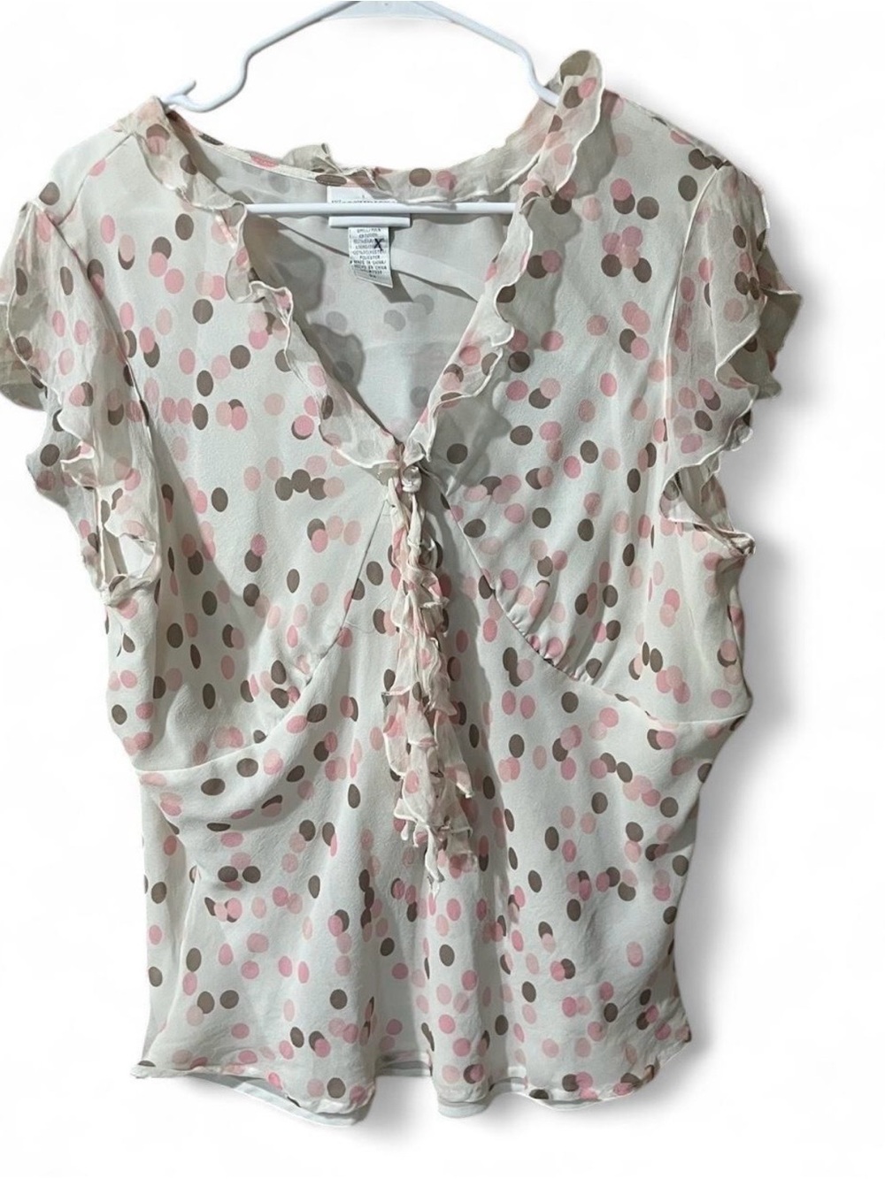 Y2K Worthington Ivory Polka Dot Ruffle Tie-Front Blouse - Pink & Brown